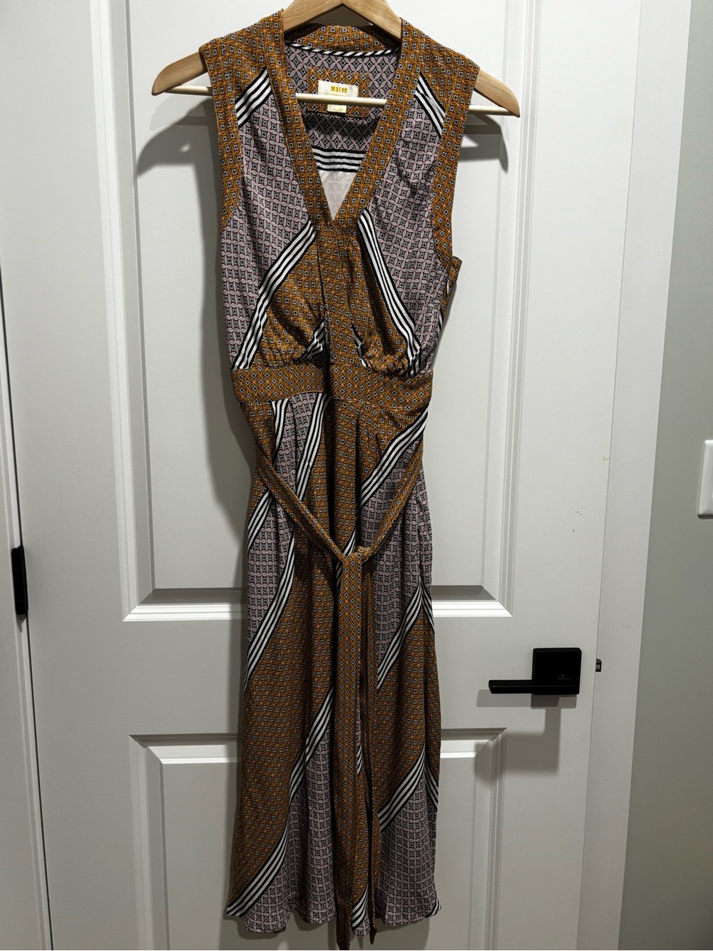 Anthropologie Sleeveless Midi Dress in Mustard and Taupe